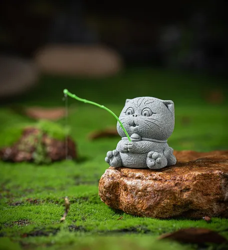 Miniatura 2 de livelyfish Estatua de gato de pesca, figuras de pescador, escultura de piedra arenisca para jardín de hadas, acuario, pecera, bonsái, decoración