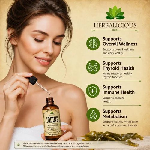 Miniatura 2 de HERBALICIOUS Gotas de yodo – Líquido de yodo natural de algas marinas – Suplemento tiroideo para energía, digestión y apoyo inmunológico – Fórmula