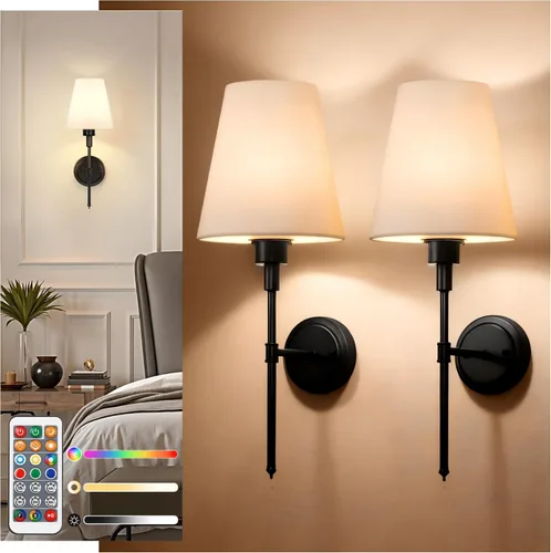 Miniatura 20 de DORESshop Juego de 2 apliques de pared a pilas, inalámbrico, fácil de instalar, regulables y ajustables, lámpara de pared recargable