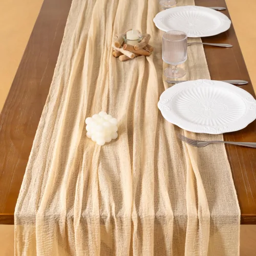 Miniatura 5 de Socomi Camino de mesa beige de gasa de verano de 120 pulgadas, rústico bohemio, camino de tela de queso para bodas, fiestas, baby shower, centro