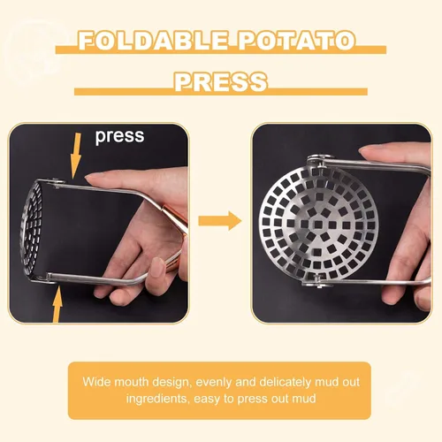 Miniatura 6 de Triturador de papas, plegable de acero inoxidable, antiadherente, antideslizante, mango de 12 pulgadas de largo, ahorra espacio, herramienta