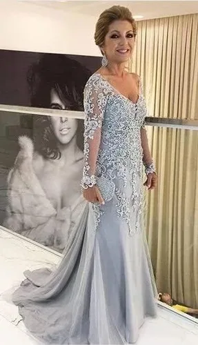 Miniatura 3 de Mermaid Laces Mother of The Bride Dress with Long Sleeves Off Shoulder Formal Party Evening Gown HO16
