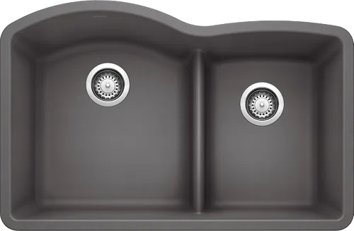 Miniatura 4 de BLANCO 443102 Diamond 60/40 Fregadero de cocina con doble tazón de división baja, 32 pulgadas de largo x 21 pulgadas de ancho, color gris volcán