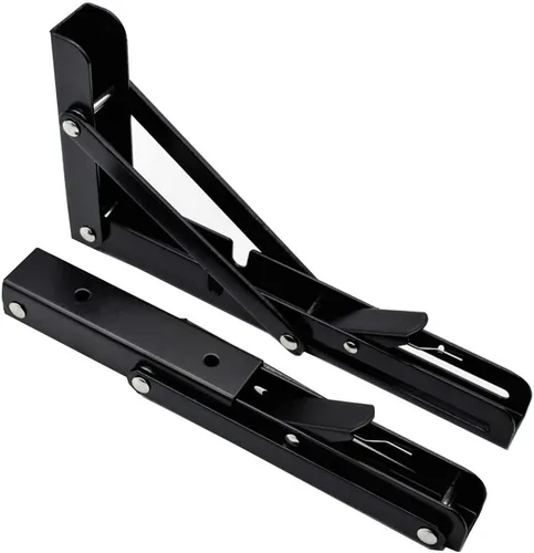 Miniatura 2 de Jolitac Soportes plegables de pintura negra de 10 pulgadas – Soporte de estante plegable de metal resistente para mesa de banco, bisagra de estante