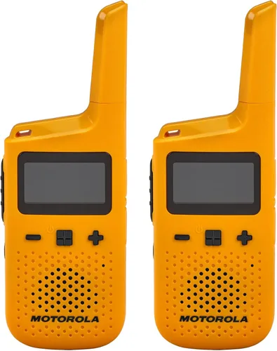 Motorola Solutions, FRS portátil, T380, Talkabout, radios bidireccionales, recargable, con base de carga, 22 canales, 25 millas, amarillo, paquete