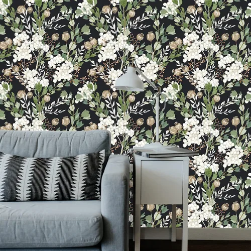 Miniatura 7 de Papel tapiz autoadhesivo con hojas florales oscuras, para baño, papel tapiz autoadhesivo bohemio apto para inquilinos, papel de contacto floral