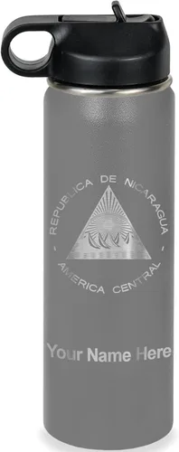 Miniatura 19 de LaserGram Botella de agua personalizada, bandera de Nicaragua, acero inoxidable de doble pared aislada al vacío con popote superior, regalo grabado