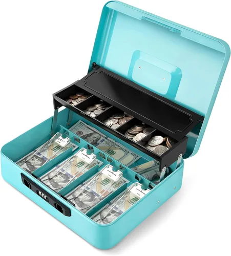 Miniatura 15 de Jssmst Caja grande de metal con cerradura con bandeja de dinero, caja de dinero con cerradura de combinación, color negro Cerradura de combinación