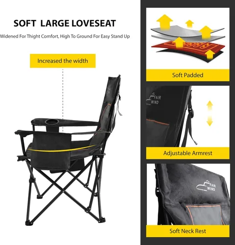 Miniatura 5 de FAIR WIND Silla de camping acolchada de gran tamaño con reposapiés, juego de taburetes, soporte resistente, soporta 300 libras, bolsa de negro