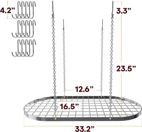 Miniatura 6 de Vdomus Estante Colgante para Ollas - Organizador de Cocina de Montaje en Techo para Ollas y Sartenes con 15 Ganchos - 33 x 17 Pulgadas Resistente