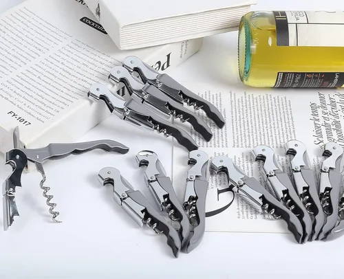 Miniatura 6 de RECUTMS Paquete de 12 sacacorchos para botellas de vino, acero inoxidable resistente con cortador de papel de aluminio, pequeño regalo de acero Gris