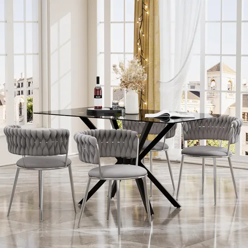 Miniatura 28 de Juego de mesa de comedor de cristal negro de 47 pulgadas para 4, juego de mesa de cocina minimalista moderno y 4 sillas de comedor de terciopelo