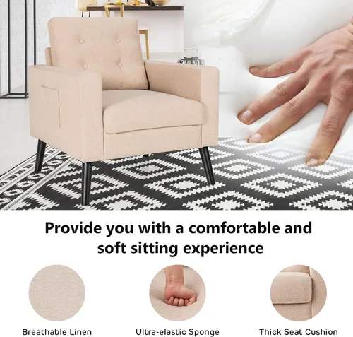 Miniatura 4 de Giantex Silla decorativa moderna, sillón tapizado de mediados de siglo con patas de madera de goma, tela de lino patentada, sofá individual