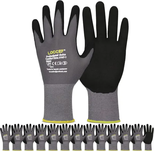 LOCCEF - Guantes de trabajo con revestimiento de nitrilo de microespuma, 6 pares, guantes de nailon de punto sin costuras, guantes de trabajo grises