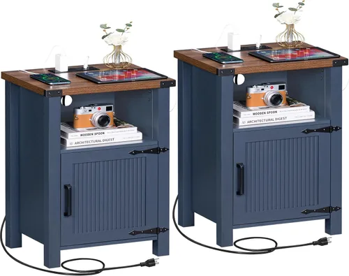 Miniatura 13 de Joaxswe Mesita de noche rústica de 18 pulgadas con estación de carga y puerto USB, mesa auxiliar rústica para sofá con puerta magnética, mesas Negro