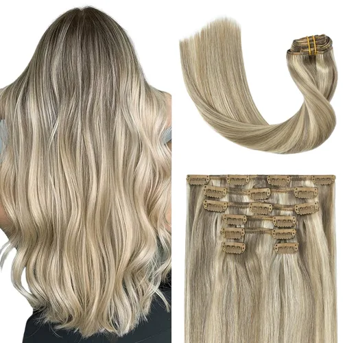 Miniatura 34 de UGOTRAYS Extensiones de cabello humano real de color rubio fresa a rubio decolorado, 12 pulgadas, lacio, doble trama, cabello Remy con clip, 2.47