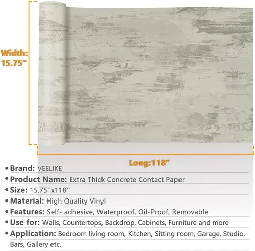 Miniatura 9 de VEELIKE 15.7" x 118" Papel pintado de concreto beige despegar y pegar, papel de contacto de concreto para encimeras impermeable, papel pintado