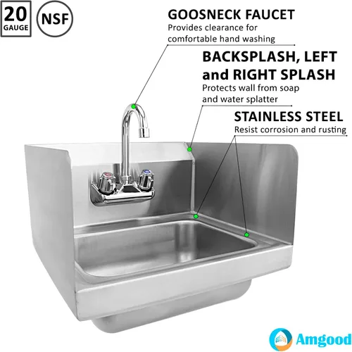 Miniatura 3 de AmGood Fregadero de mano de acero inoxidable para montaje en pared con grifo Lavabo comercial de lavado de manos para restaurante, cocina NSF