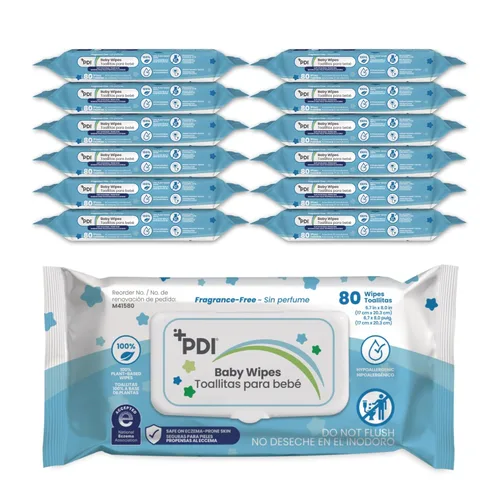 PDI Toallitas para bebé, 960 unidades, hipoalergénicas, seguras para eccemas, sin fragancia, toallitas a base de plantas, tapa abatible, 12 paquetes