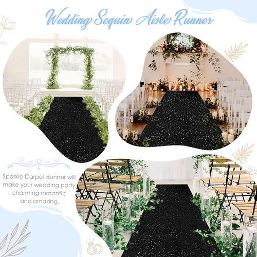 Miniatura 4 de Alfombra de pasillo de 2 x 15 pies para fiesta, alfombra de lentejuelas negras para decoración de baile de graduación, banquete brillante