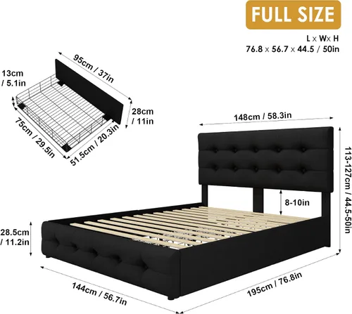 Miniatura 2 de TTVIEW Base de cama de tamaño completo con 4 cajones de almacenamiento y cabecera ajustable, cama plataforma tapizada con diseño de botones