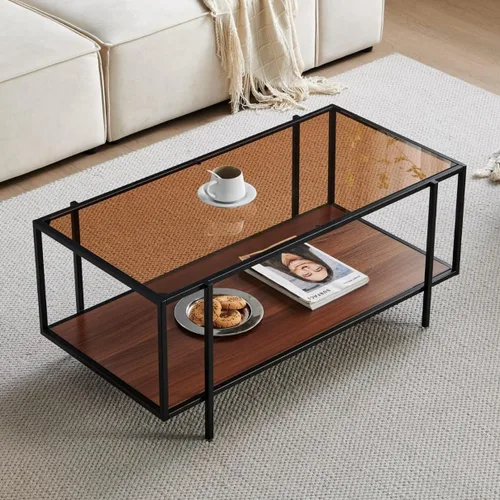 Miniatura 10 de Shrine - Mesa de café rectangular, diseño moderno de mediados de siglo, estructura de 2 niveles, parte superior de vidrio ámbar y estante de MDF