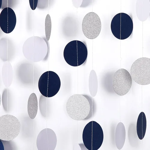Miniatura 6 de Guirnalda de papel azul marino, blanco y plateado, decoración colgante de revelación de género de 52 pies, banderín de graduación, compromiso, Azul