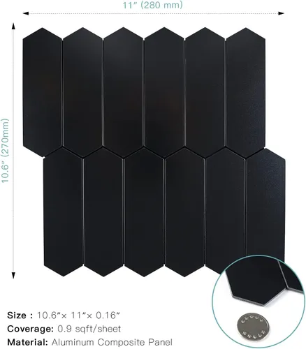 Miniatura 2 de Azulejo negro para salpicaduras de piquete, aspecto de cerámica, largo hexágono autoadhesivo para pared de cocina y baño, paquete de 6