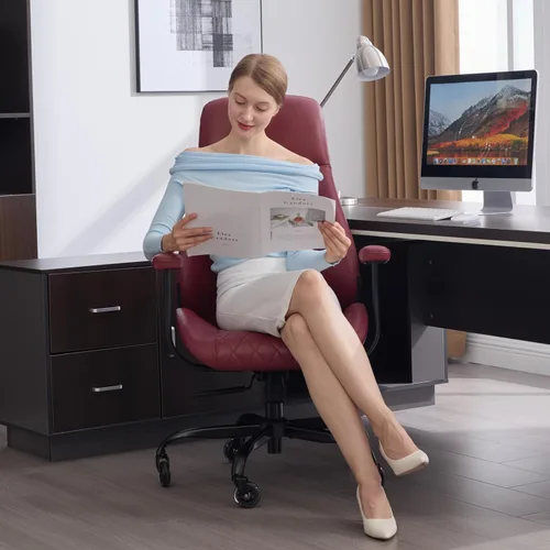 Miniatura 8 de E-Motie Silla de Escritorio para Oficina en Casa, Silla de Computadora de Cuero Ergonómica de Respaldo Alto con Soporte Lumbar, Altura Ajustable