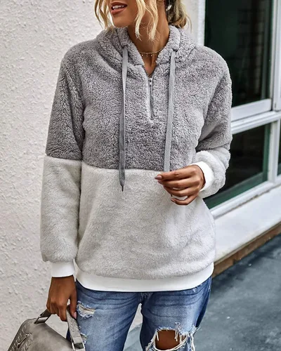 Miniatura 2 de BTFBM - Suéter sin botones de sherpa con capucha para mujer, con 14 de cremallera y manga larga, suave y mullida, de vellón