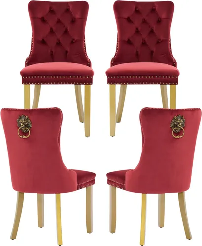 Miniatura 13 de Juego de 2 sillas de comedor de terciopelo, silla de comedor tapizada de alta gama con tirador de anillo en la espalda, adorno de clavos y patas