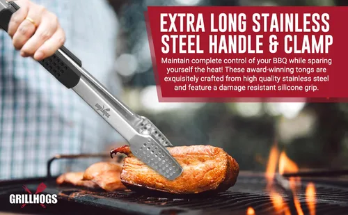 Miniatura 5 de Pinzas para barbacoa de acero inoxidable 18/0 de 9 pulgadas con mango ergonómico de madera de roble real para cocinar, accesorio duradero