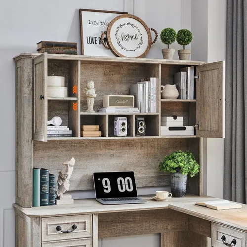 Miniatura 12 de T4TREAM - Escritorio ejecutivo en forma de L de 59 pulgadas con cajones, escritorio de computadora de madera estilo granja, con estación de carga