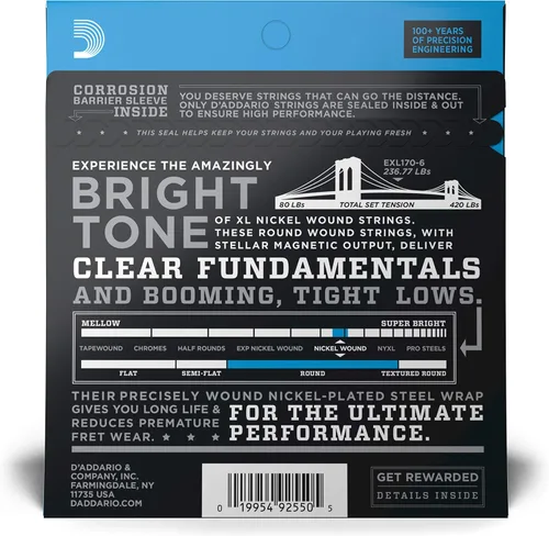 Miniatura 2 de D'Addario Cuerdas para Bajo Eléctrico, XL Níquel, EXL170M, Calibre Regular Ligero 45-100, Escala Media, Juego de 4 Cuerdas, Paquete de 1