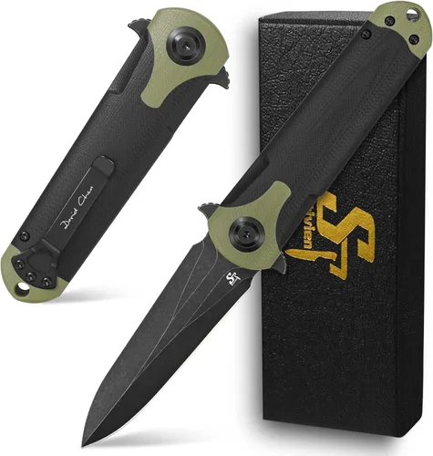 Sitivien ST158 - Cuchillo de bolsillo plegable, chapado en titanio, hoja de acero DC53 lavado a la piedra negra con mango G10, cuchillo de