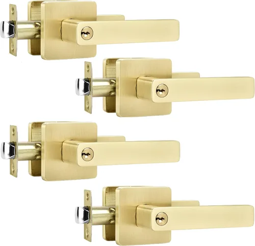 Leydebong - Paquete de 4 picaportes resistentes para entrada con llave, manija dorada, llaves iguales/combo con llave, reversible para la izquierda