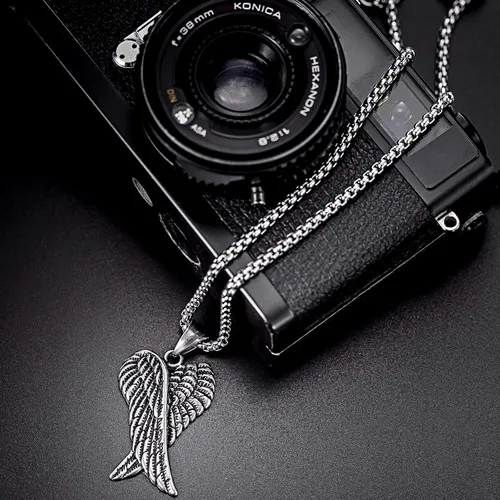 Miniatura 4 de Herinos Cadena de collar con colgante de acero inoxidable para hombres y mujeres, diseño de alas retro con diseño de calavera de plumas cruzadas