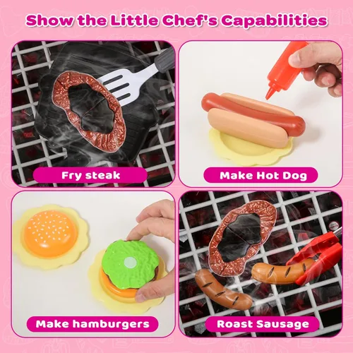 Miniatura 5 de AuroTops Juego de juguetes de cocina rosa, juego de parrilla para niños con humo, sonido y luz, juego de chef, juguetes interactivos de cocina