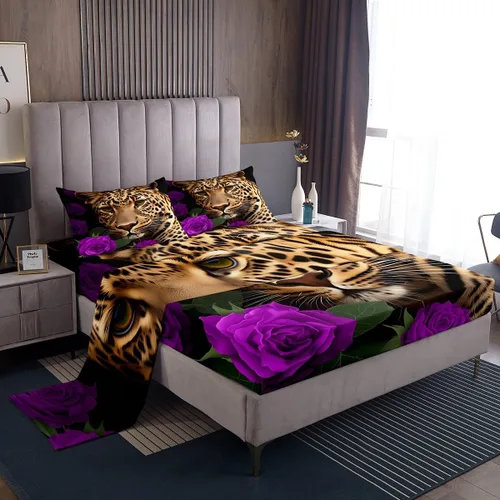 Miniatura 9 de Erosebridal Sábanas de cama de guepardo con rosa roja, juego de sábanas de bolsillo profundo con estampado de leopardo y gato, sábana bajera