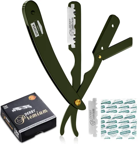 Miniatura 14 de Utopia Care - Rasuradora de seguridad profesional, para peluquero, de borde recto, con 100 cuchillas Derby, 100 % acero inoxidable, (negro)