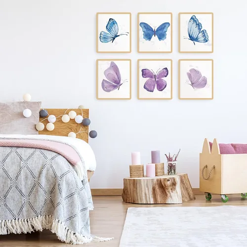Miniatura 3 de SUPERDANT Juego de 6 impresiones artísticas de pared de mariposas en acuarela azul y morado con diseño de mariposas, lienzo sin marco, arte de pared