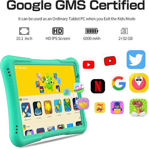 Miniatura 3 de PRITOM Tableta para niños de 10 pulgadas Android 14, 32GB, Quad-Core, 6000mAh, pantalla IPS HD grande, WiFi 6, cámara dual, Bluetooth, tableta