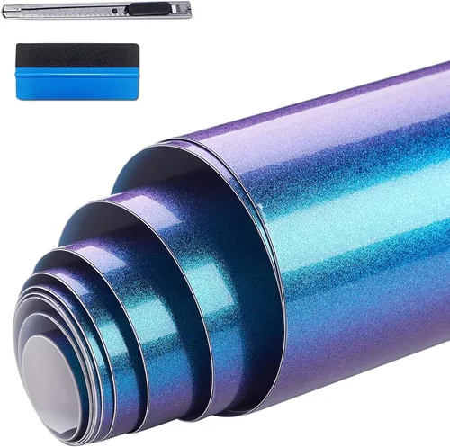 LZLRUN Adhesivo de vinilo brillante brillante de color azul camaleón a morado con purpurina para interior del automóvil, lámina de cambio de color
