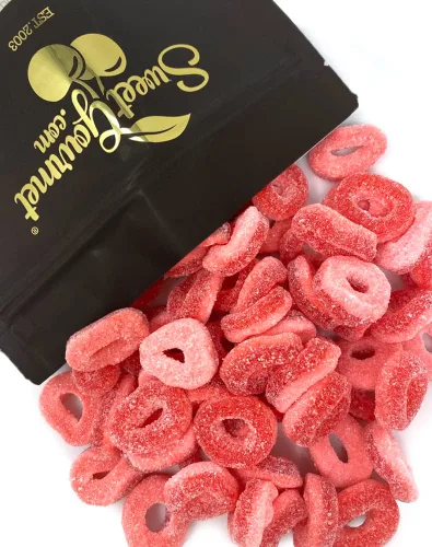 Miniatura 3 de SweetGourmet Anillos de sandía gomosas, caramelos rosados y rojos recubiertos de azúcar, bolsa de 1 libra