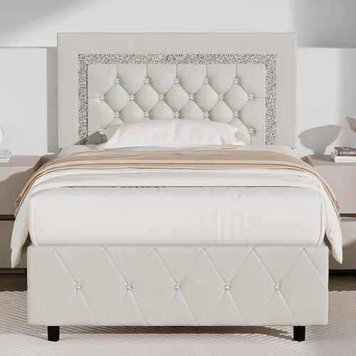 Miniatura 21 de BarnFurin Base de cama y cabecero tamaño King, cama tapizada de piel sintética con diseño capitoné de diamante, base de cama de plataforma moderna