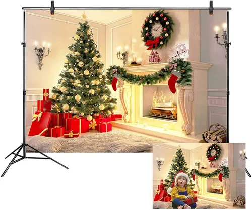 Miniatura 13 de LB Telones de fondo de chimenea de Navidad para fotografía de 5 x 3 pies, calcetines de árbol de Navidad, regalos de Año Nuevo, para niños