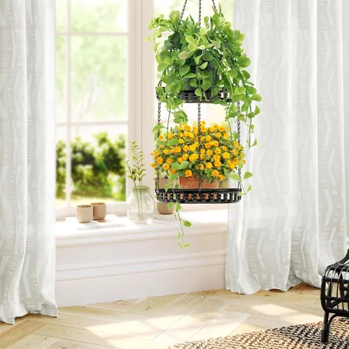 Miniatura 7 de Soporte para plantas colgantes para interior y exterior, estante para plantas colgantes de 2 niveles, soporte para plantas colgantes de metal