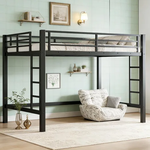 Miniatura 11 de Cama alta individual con escaleras, cama alta de metal individual con tapones antivibraciones y reducción de ruido, cama alta resistente