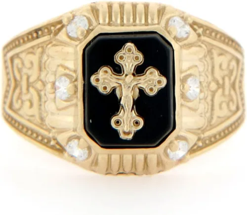 Miniatura 3 de Joyería liquidación 10k oro amarillo crucifijo Onyx CZ anillo religioso para hombre