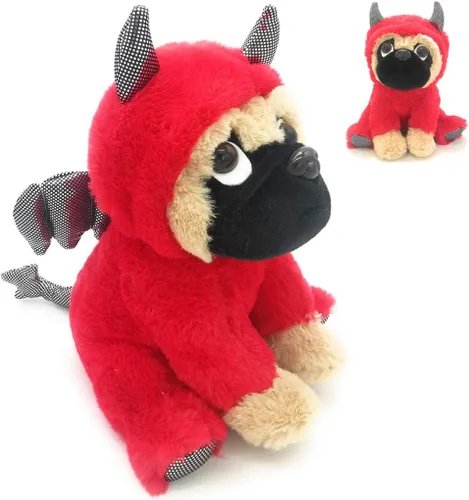 Peluche de Pug de 10 pulgadas, juguete de peluche suave para perro con disfraz de diablo, regalo divertido para niños, novio, novia o amantes de los